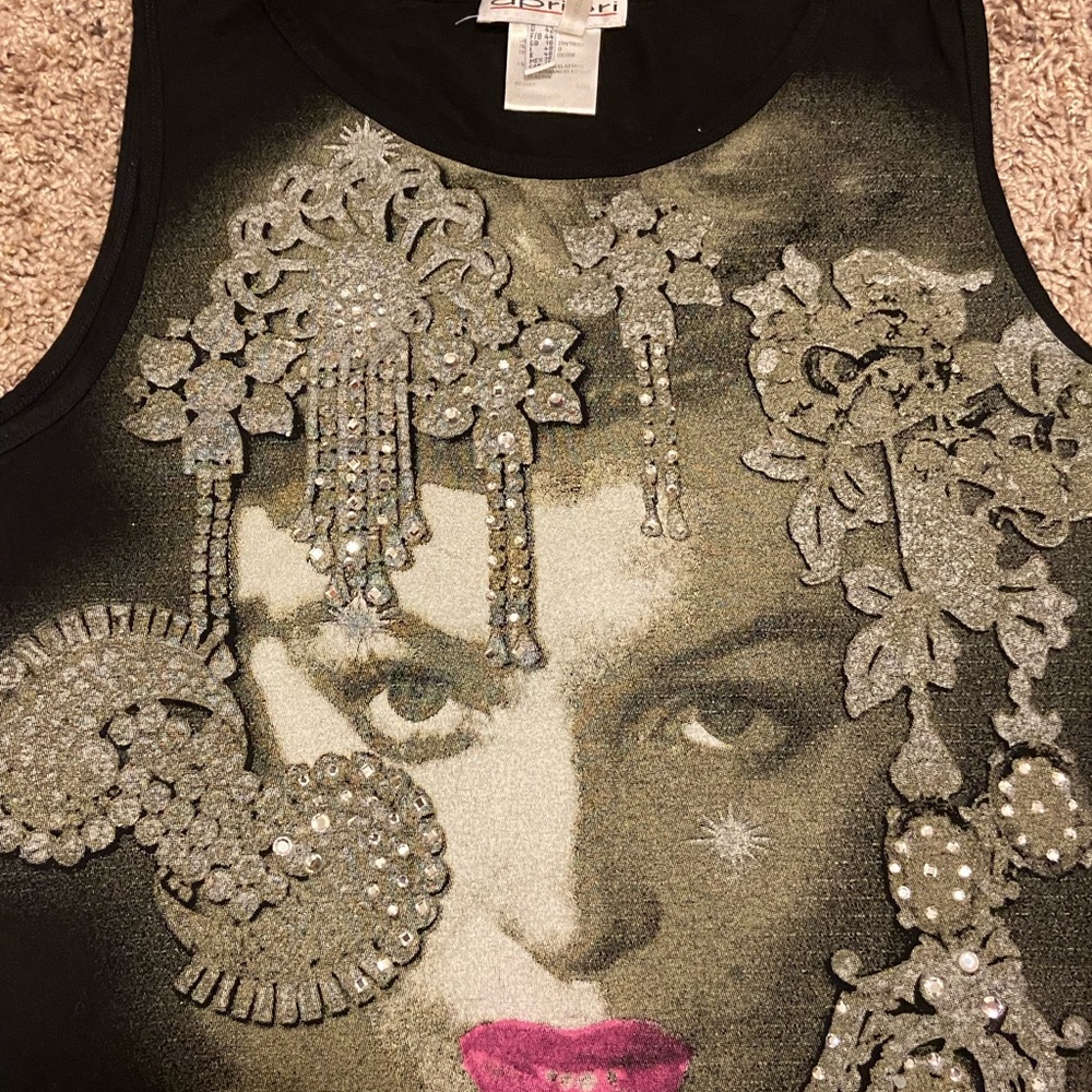 Y2K Black‎ and Gray Embellished Graphic Tank Top with Crystals Large 12 - Picture 2 of 2